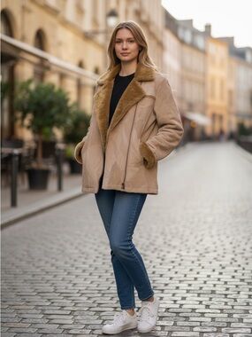 Women’s Fitted Faux Shearling Jacket - Beige